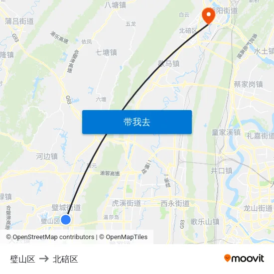 璧山区 to 北碚区 map