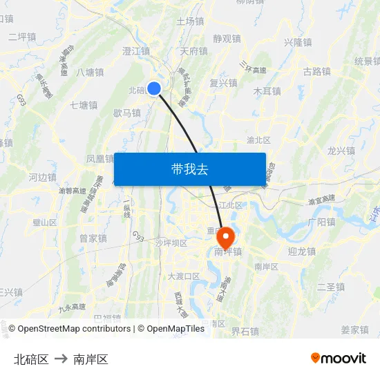 北碚区 to 南岸区 map