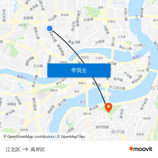 江北区 to 南岸区 map