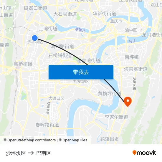 沙坪坝区 to 巴南区 map