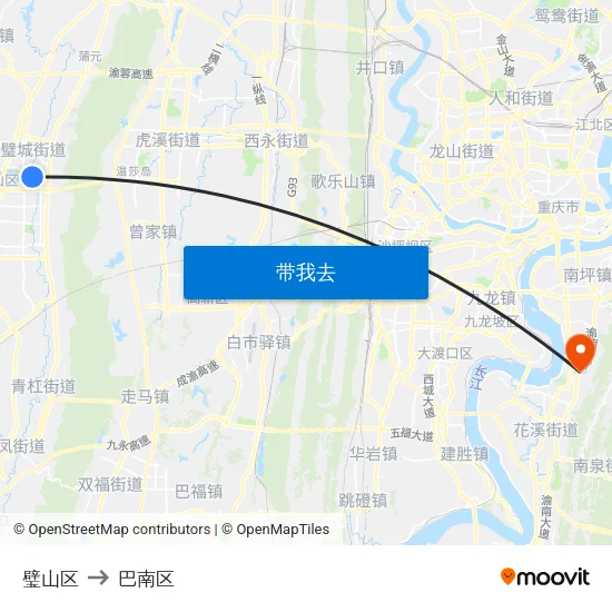 璧山区 to 巴南区 map