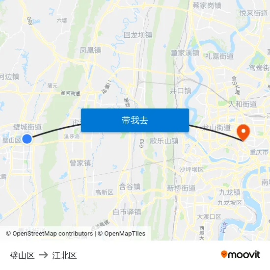 璧山区 to 江北区 map