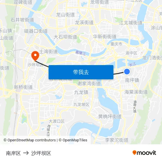 南岸区 to 沙坪坝区 map