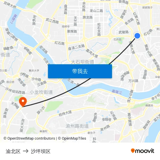 渝北区 to 沙坪坝区 map