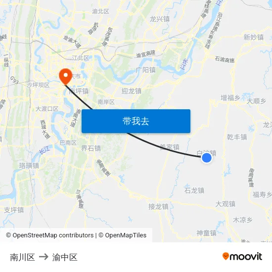 南川区 to 渝中区 map