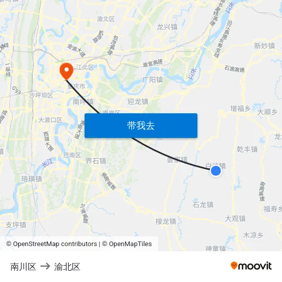 南川区 to 渝北区 map