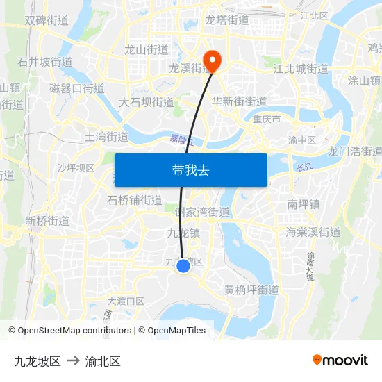 九龙坡区 to 渝北区 map