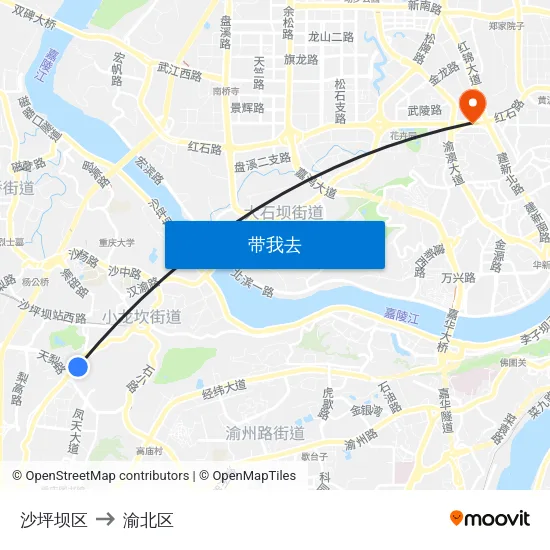 沙坪坝区 to 渝北区 map