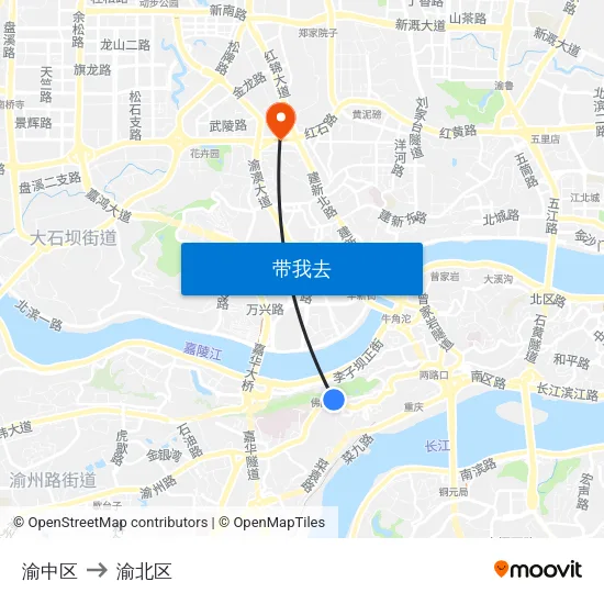 渝中区 to 渝北区 map