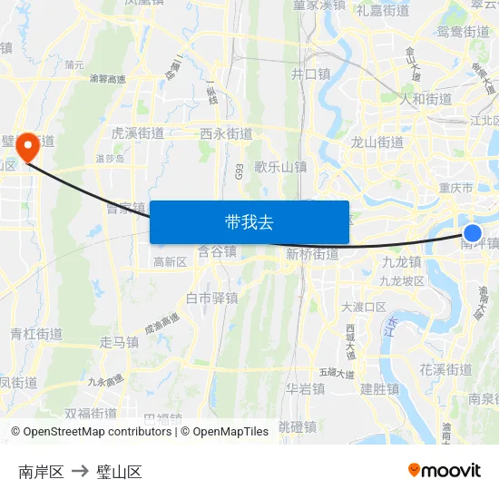 南岸区 to 璧山区 map