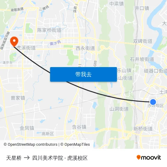 天星桥 to 四川美术学院 - 虎溪校区 map