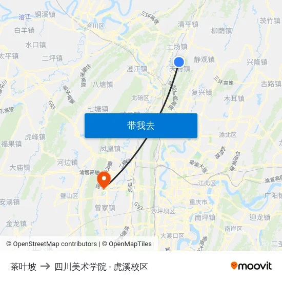 茶叶坡 to 四川美术学院 - 虎溪校区 map