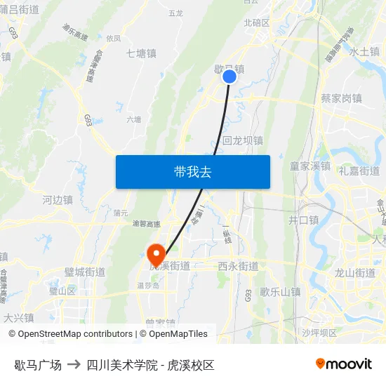歇马广场 to 四川美术学院 - 虎溪校区 map
