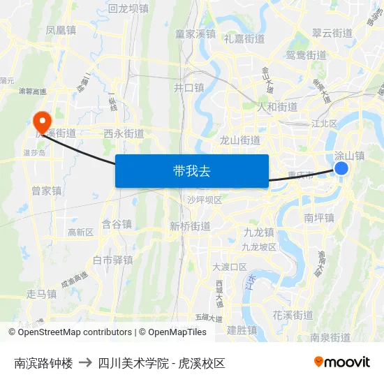 南滨路钟楼 to 四川美术学院 - 虎溪校区 map