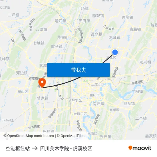 空港枢纽站 to 四川美术学院 - 虎溪校区 map