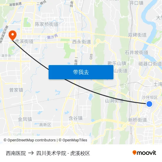 西南医院 to 四川美术学院 - 虎溪校区 map