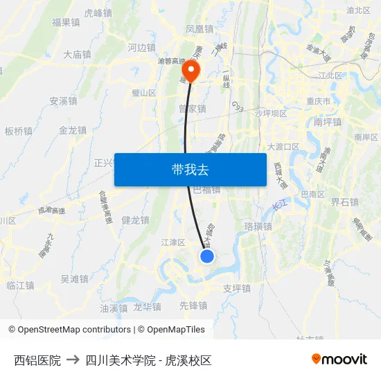 西铝医院 to 四川美术学院 - 虎溪校区 map