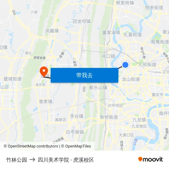 竹林公园 to 四川美术学院 - 虎溪校区 map