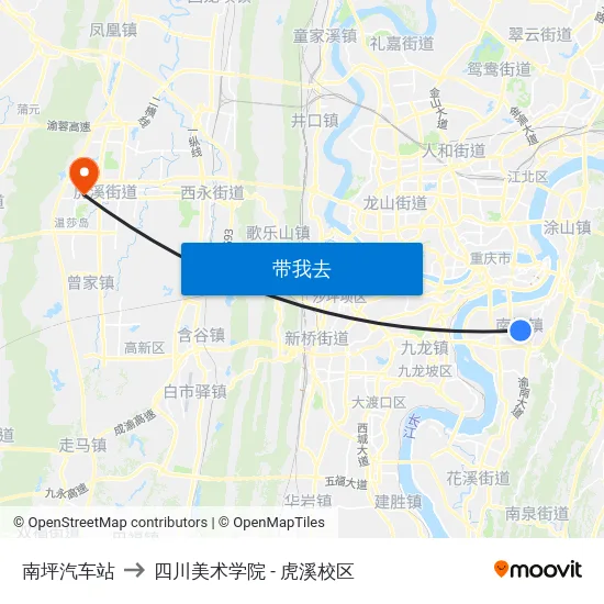 南坪汽车站 to 四川美术学院 - 虎溪校区 map