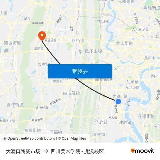 大渡口陶瓷市场 to 四川美术学院 - 虎溪校区 map