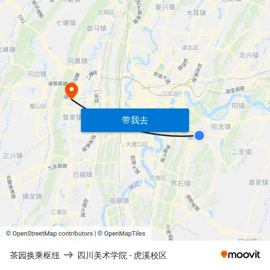 茶园换乘枢纽 to 四川美术学院 - 虎溪校区 map