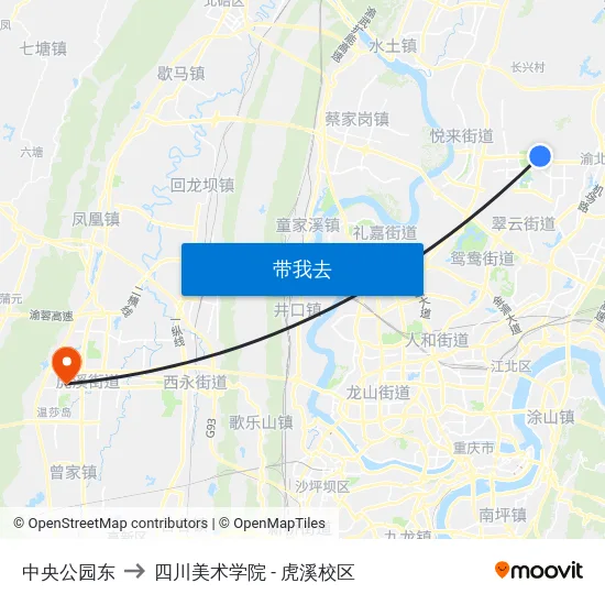 中央公园东 to 四川美术学院 - 虎溪校区 map