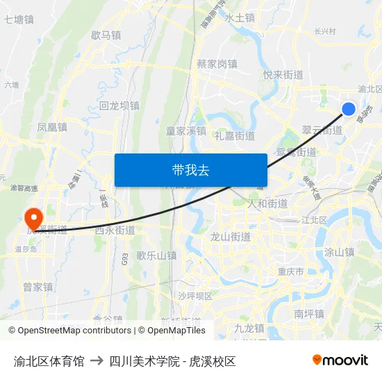 渝北区体育馆 to 四川美术学院 - 虎溪校区 map