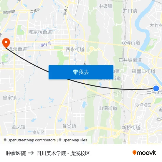 肿瘤医院 to 四川美术学院 - 虎溪校区 map
