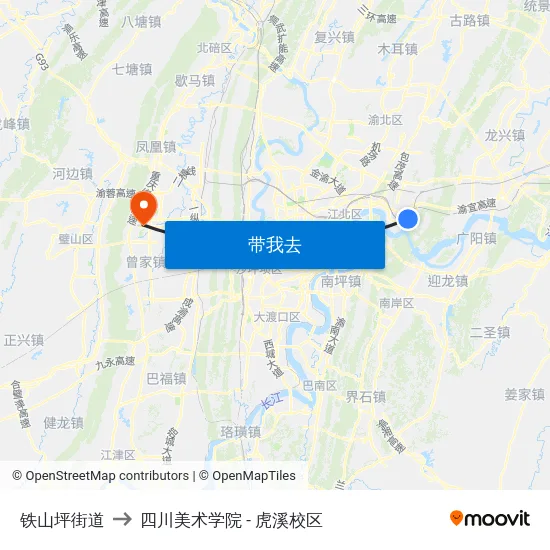 铁山坪街道 to 四川美术学院 - 虎溪校区 map