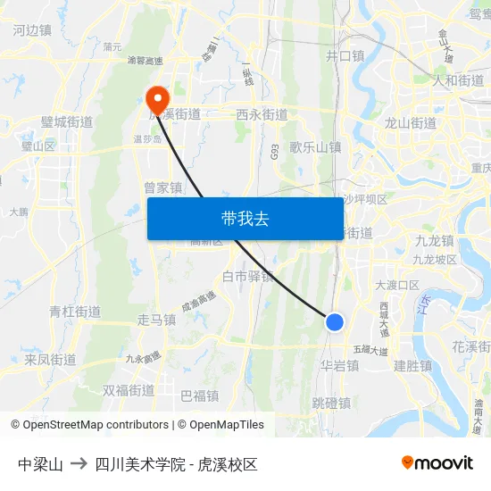 中梁山 to 四川美术学院 - 虎溪校区 map