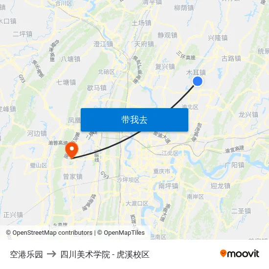 空港乐园 to 四川美术学院 - 虎溪校区 map