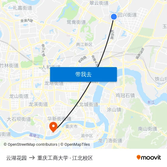 云湖花园 to 重庆工商大学 - 江北校区 map