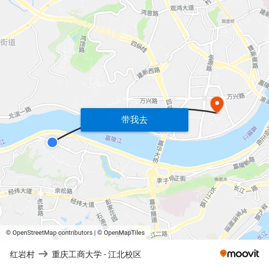 红岩村 to 重庆工商大学 - 江北校区 map