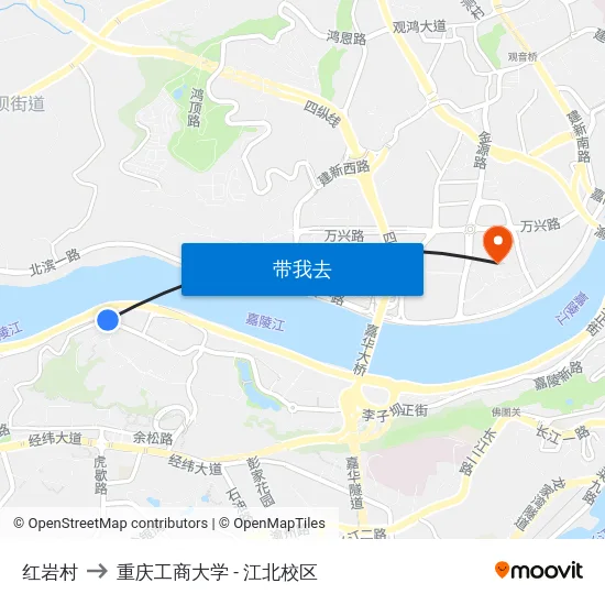 红岩村 to 重庆工商大学 - 江北校区 map