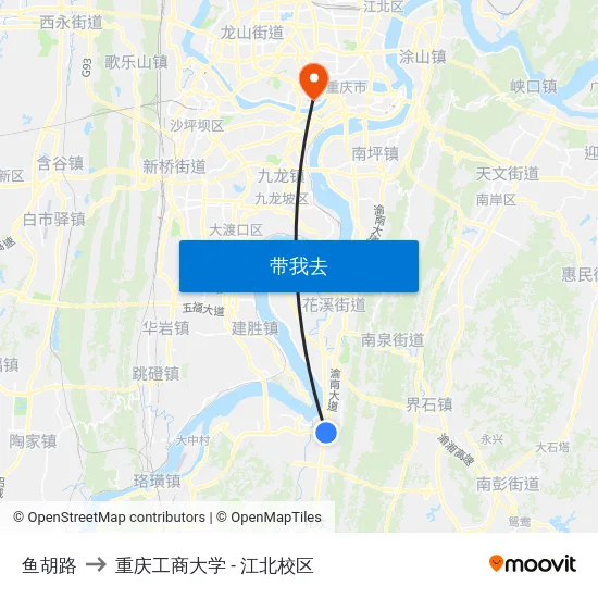 鱼胡路 to 重庆工商大学 - 江北校区 map