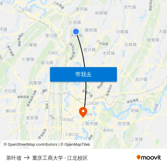 茶叶坡 to 重庆工商大学 - 江北校区 map