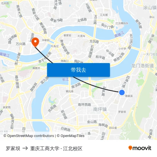 罗家坝 to 重庆工商大学 - 江北校区 map
