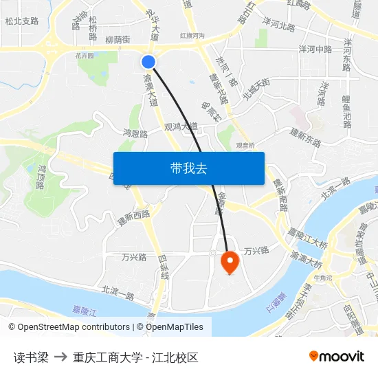读书梁 to 重庆工商大学 - 江北校区 map
