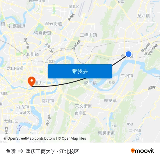 鱼嘴 to 重庆工商大学 - 江北校区 map