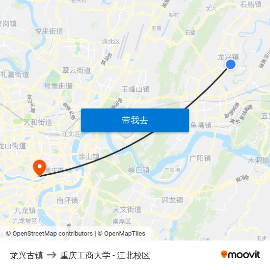 龙兴古镇 to 重庆工商大学 - 江北校区 map