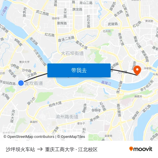 沙坪坝火车站 to 重庆工商大学 - 江北校区 map