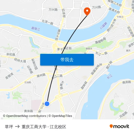 草坪 to 重庆工商大学 - 江北校区 map