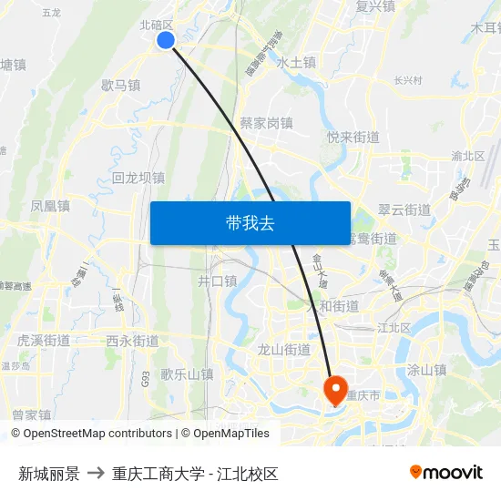 新城丽景 to 重庆工商大学 - 江北校区 map