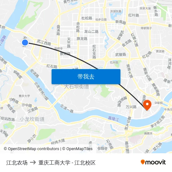 江北农场 to 重庆工商大学 - 江北校区 map