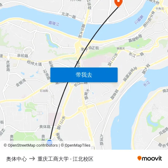 奥体中心 to 重庆工商大学 - 江北校区 map