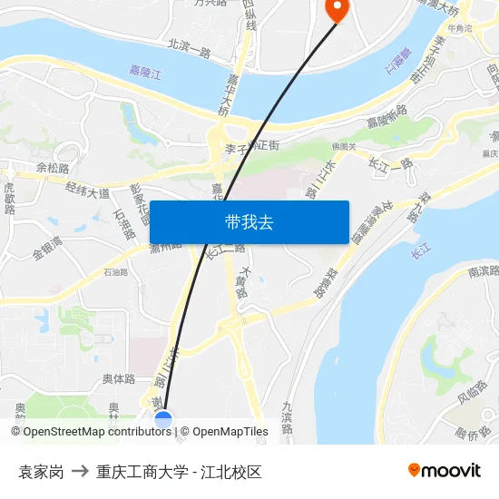袁家岗 to 重庆工商大学 - 江北校区 map