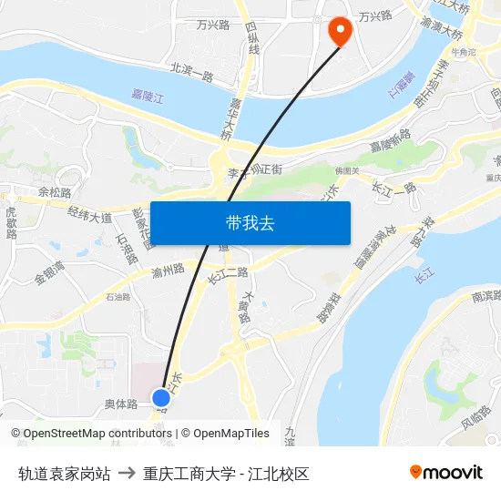 轨道袁家岗站 to 重庆工商大学 - 江北校区 map