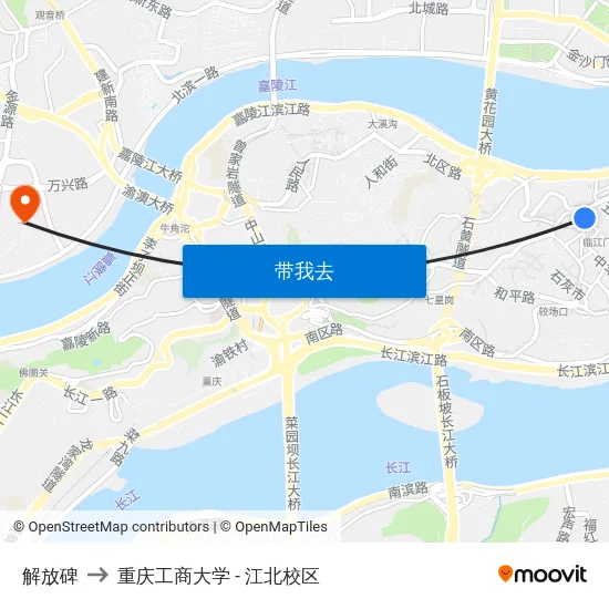 解放碑 to 重庆工商大学 - 江北校区 map