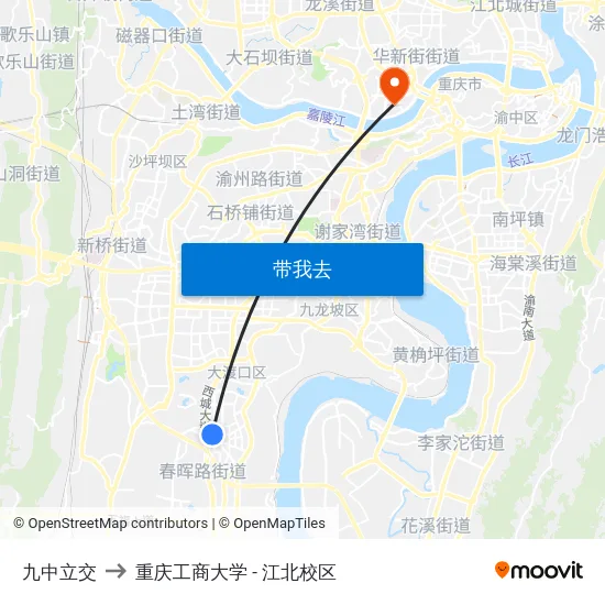 九中立交 to 重庆工商大学 - 江北校区 map