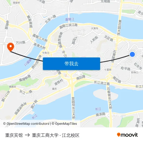 重庆宾馆 to 重庆工商大学 - 江北校区 map